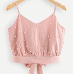 SHEIN baby pink pearl embellished sleeveless cropped cami tank top